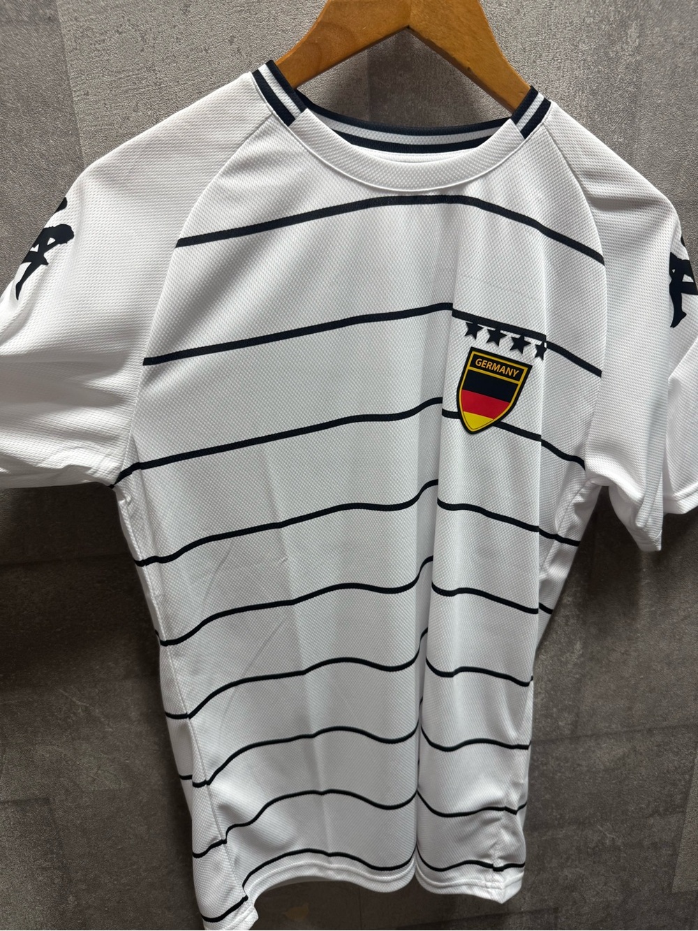 Kappa White Men’s Soccer Jersey with Black Stripes and Germany Crest